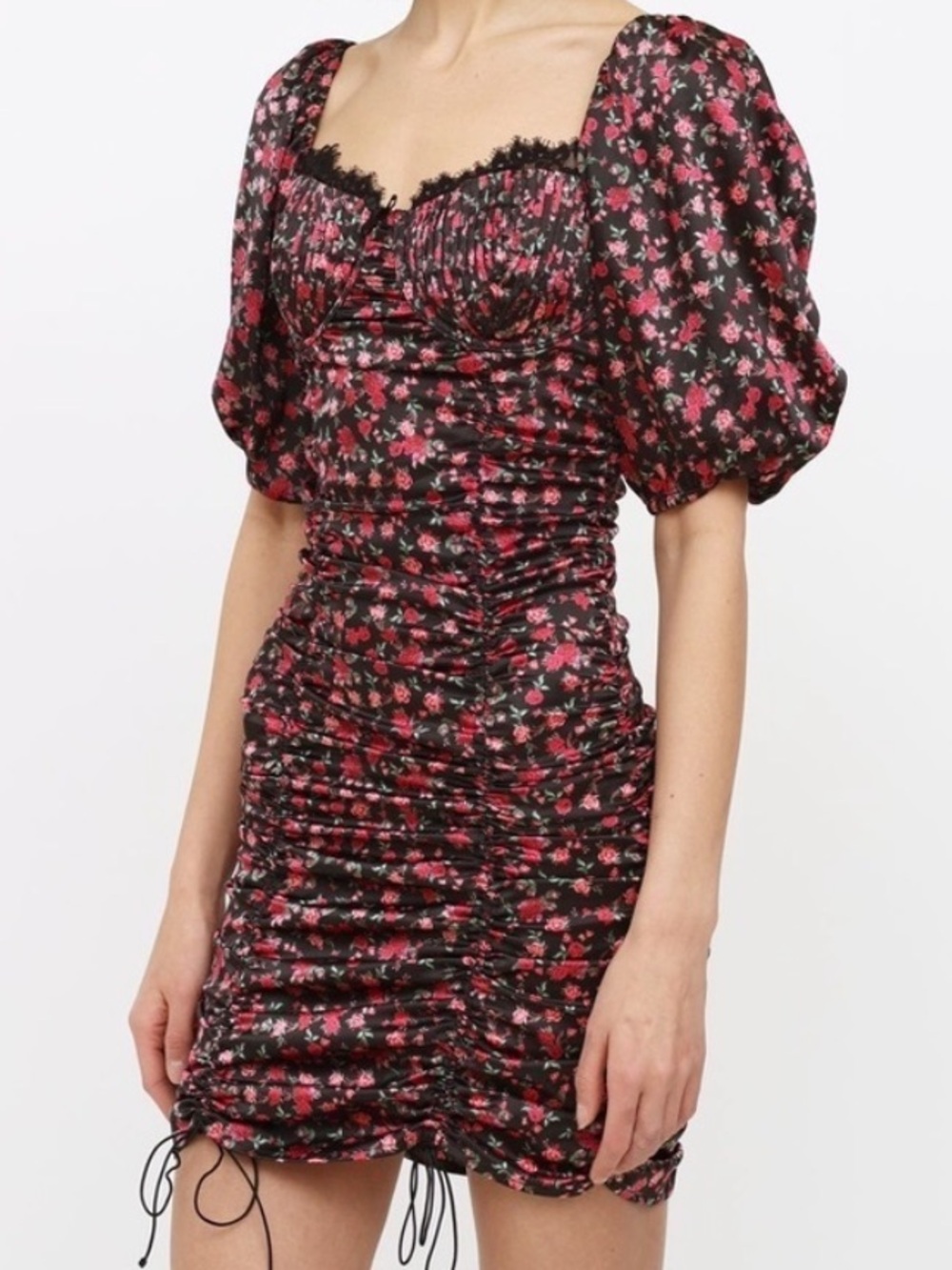 For Love & Lemons Black Mini Dress with Pink and Red Floral Print